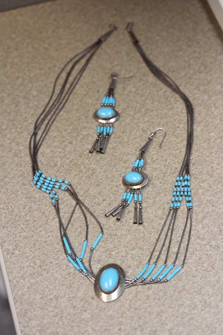Pair of earrings: possibly Native America and turquoise liquid silver, and pendant necklace suite, 10 1/2" long when clapsed