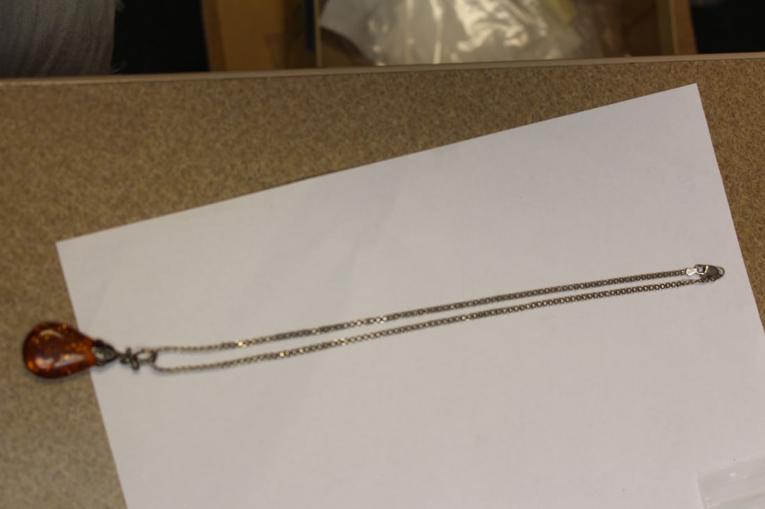 Sterling and Amber Pendant Necklace with Chain: 11 1/8" long when clapsed