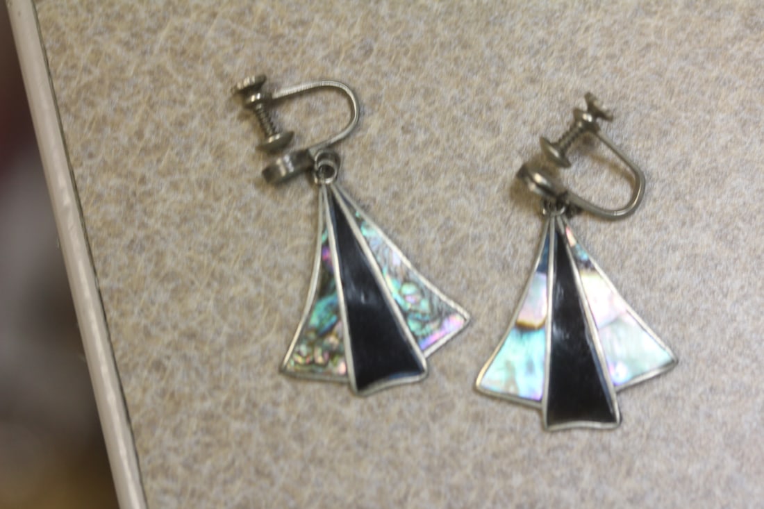 Sterling, Enamel and Mother of Pearl Earrings: a pair - signed