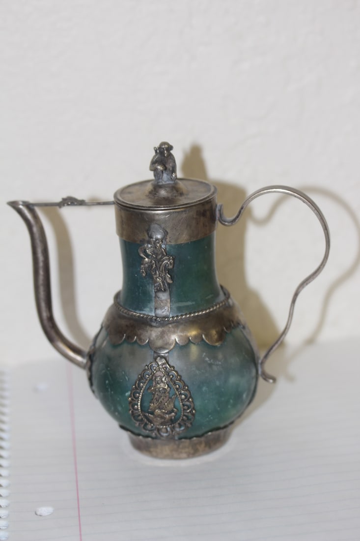 Signed Chinese Teapot with Monkey Finial: silverplate and stone/other material teapot - 5" tall