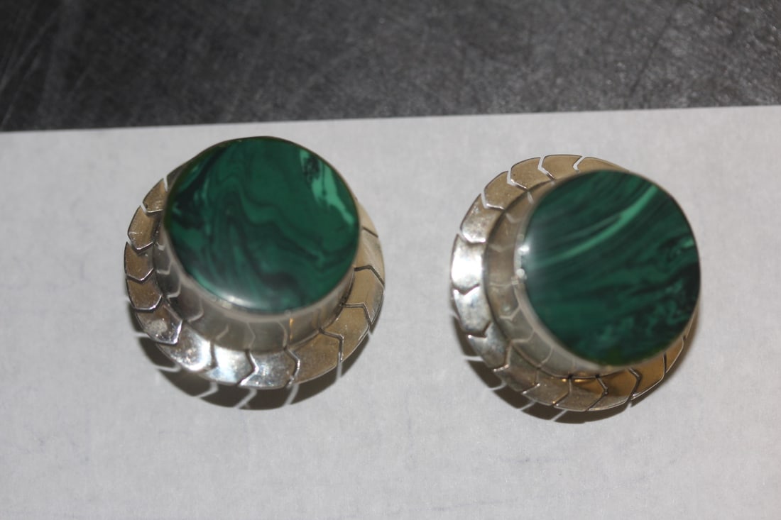 Sterling and Malachite Clip Earrings: marked 925