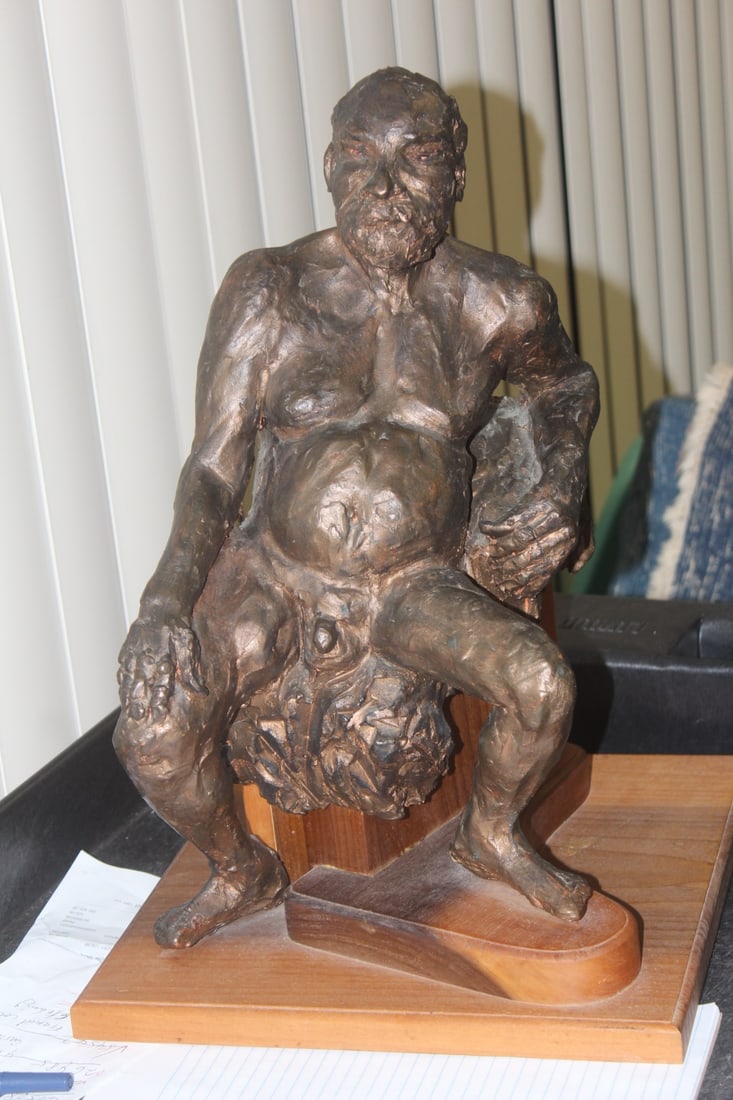 Elgible Signed Terracotta Scuplture: please note: chip on the elbow - 16 1/2" in height - with custom wooden plinth