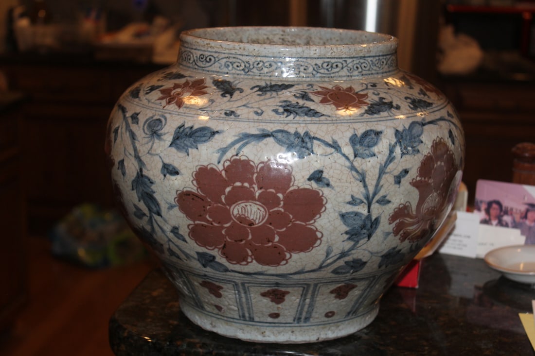 Chinese Iron Red and Blue Porcelain Planter: approximately 12 inches in diameter and around 10 inches tall