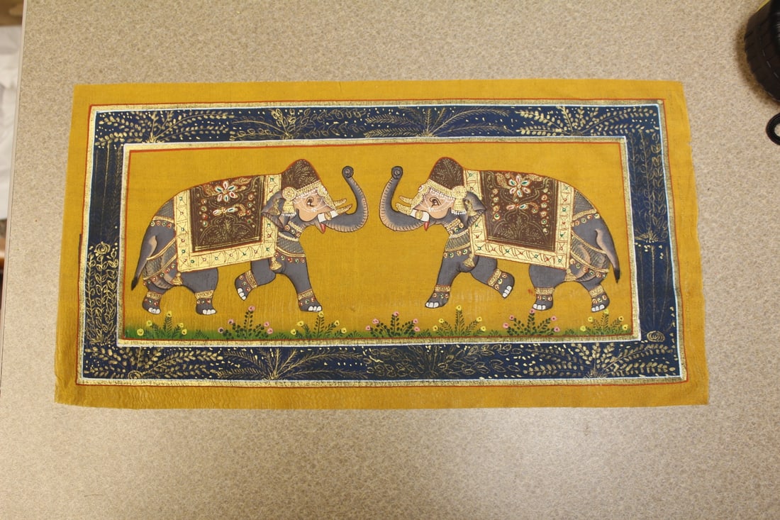 Hand Painted Indian Pastel: on cloth - two elephants - overall= 15" x 7 3/4" - please note= small holes - unframed
