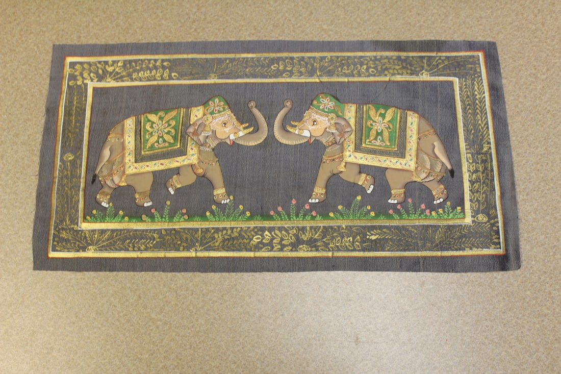 Hand Painted Indian Pastel: on cloth - two elephants - overall= 15" x 7 3/4" - unframed
