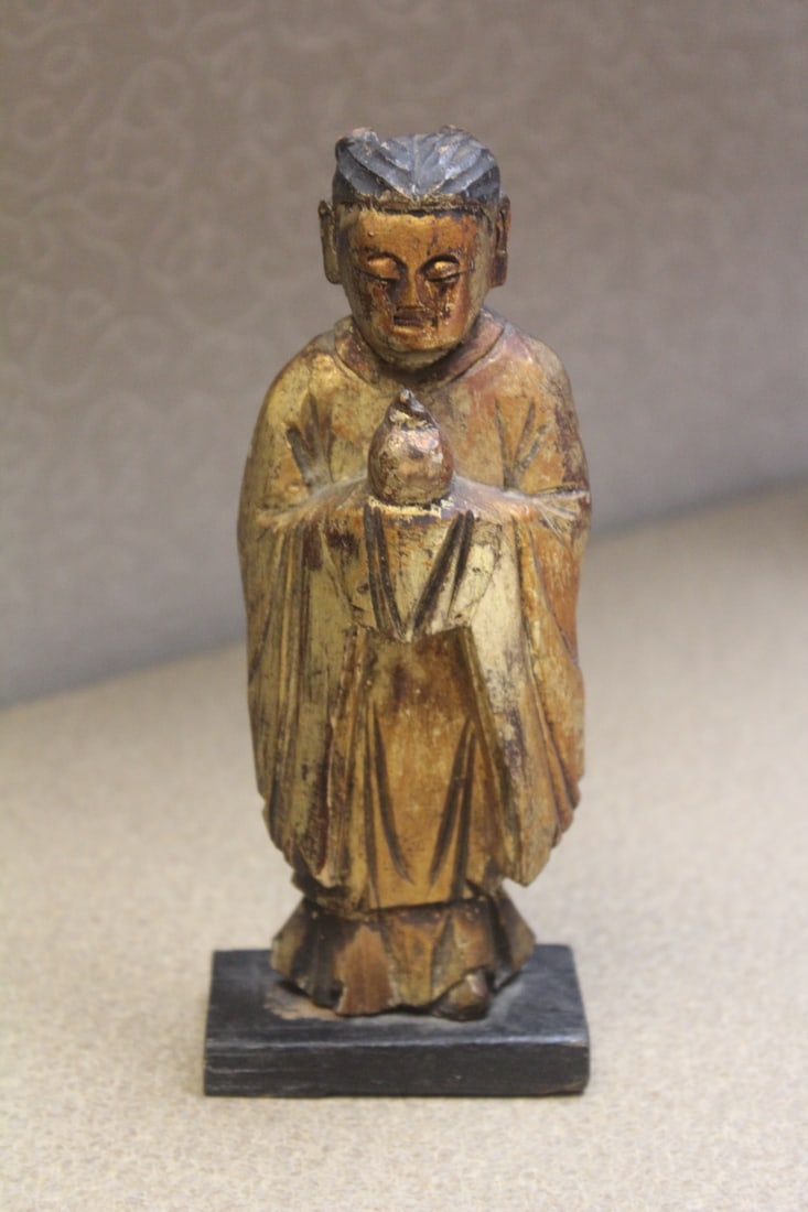 Antique/Vintage Chinese Attendant: gilt - wood - 7 inches tall - please note: losses