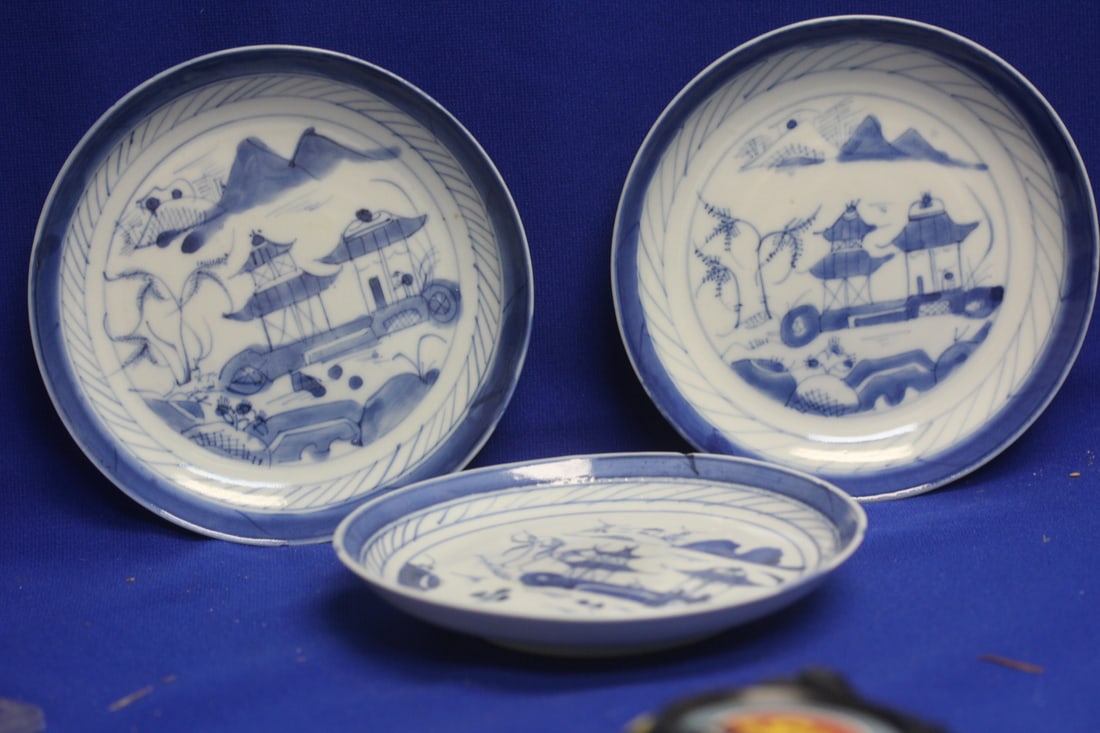 Lot of 3 Blue and White Canton Dish: 19th century - please note: one has a chip as shown - each measures 6 1/8" in diameter