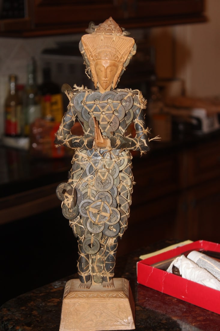 Chinese /Asian Coin Wooden Statue: not sure if coins are old or not - 14 3/4" tall