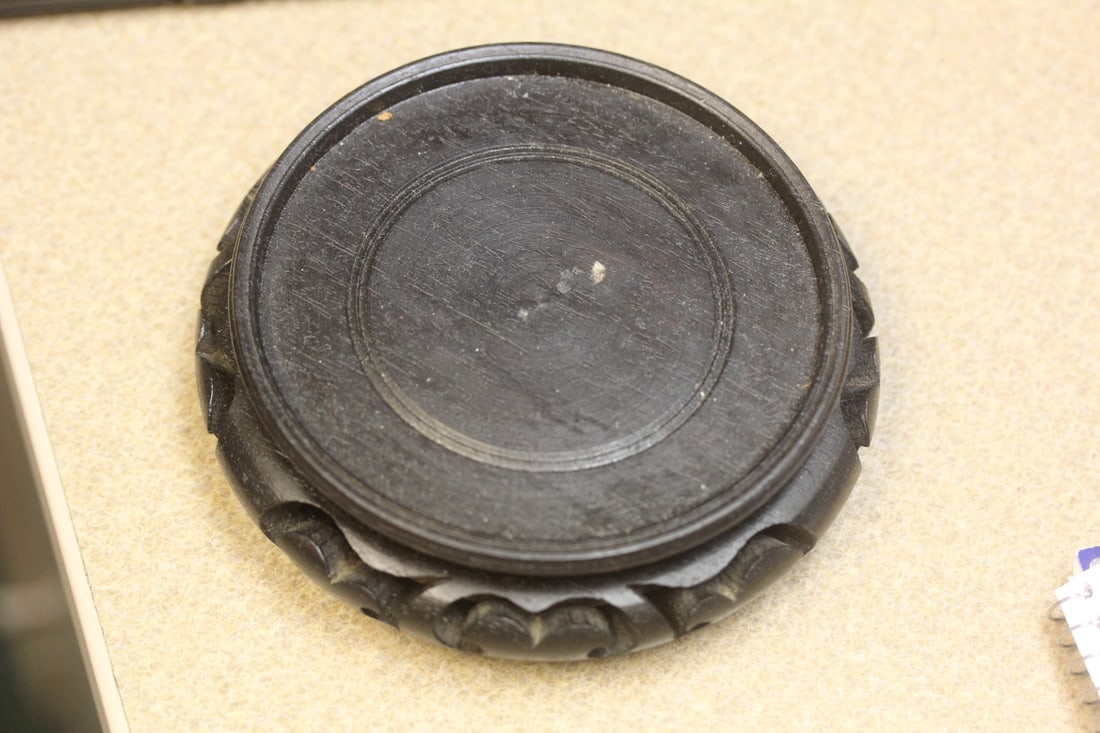 Vintage Chinese Wood Stand: well carved - marked "Hong Kong" on the bottom - inside diameter is 3 7/8"