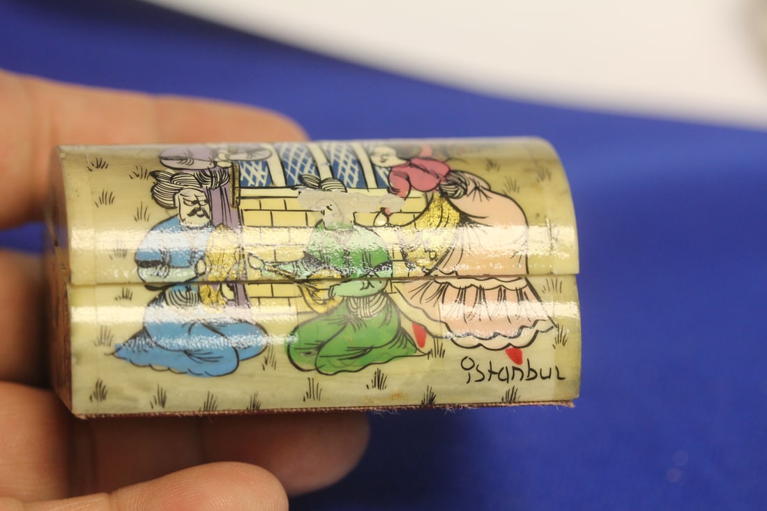 India Bone Hand Painted Box: please note: minor losses as shown - 2 3/4" across