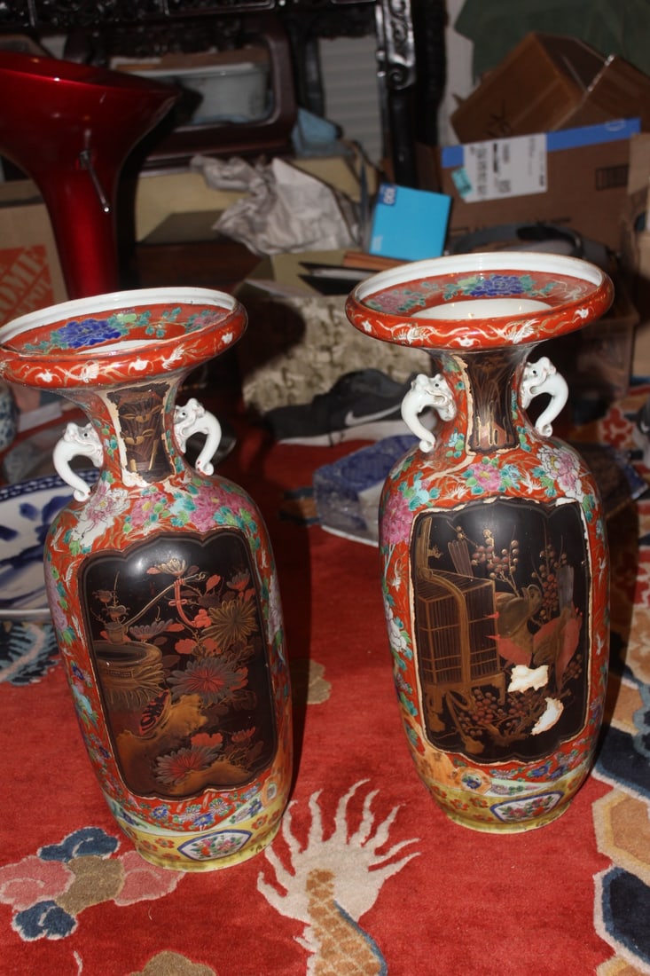 Pair of Japanese Elephant Handle Floor Vases: signed - 19th century - 19 1/4" tall - please note: enamel loss as shown