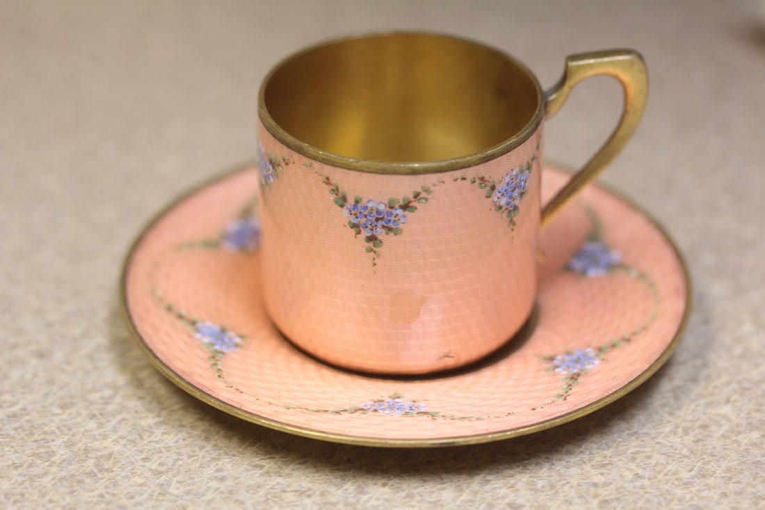 Antique Japanese Ginbari Cloisonne Cup and Saucer: beautifully done - cup= 1 5/8" tall