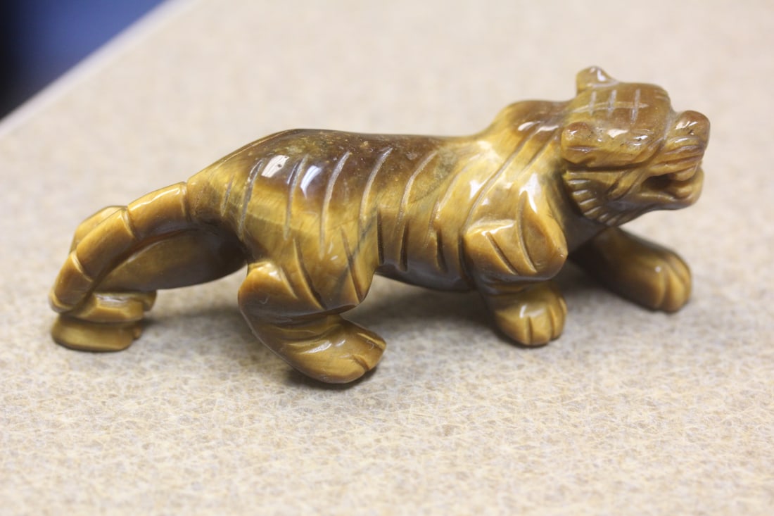 Tiger Eye Stone Carving of a Tiger: Chinese - 3 3/4" long