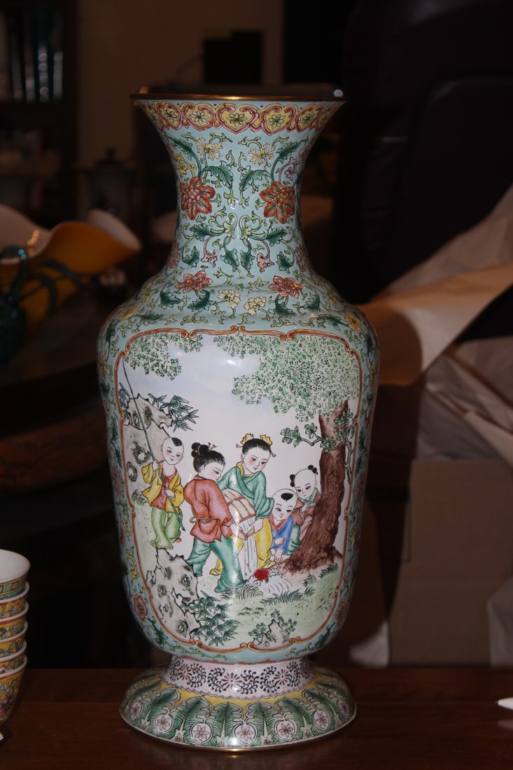 Large Enamel on Copper Chinese Vase: 17 inches tall