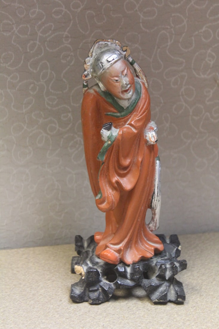 vintage Chinese Wooden Man: please note: chips by the hand and on the corner of stand - 8 inches tall