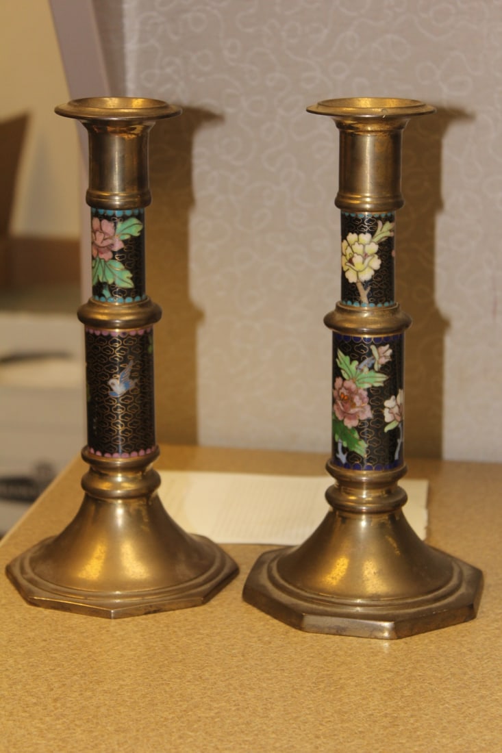 Pair of Cloisonne Candlesticks: 8 5/8" tall