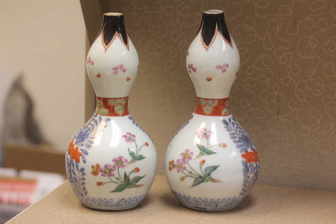 Pair of Antique Japanese Imari Gourd Form Vase: or bottle - rare form - 8 1/4" tall each - 19th century