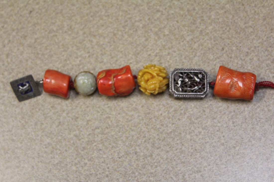 Antique Chinese Bracelet?: coral, silver, butterscotch amber, agate - 7 7/8" across
