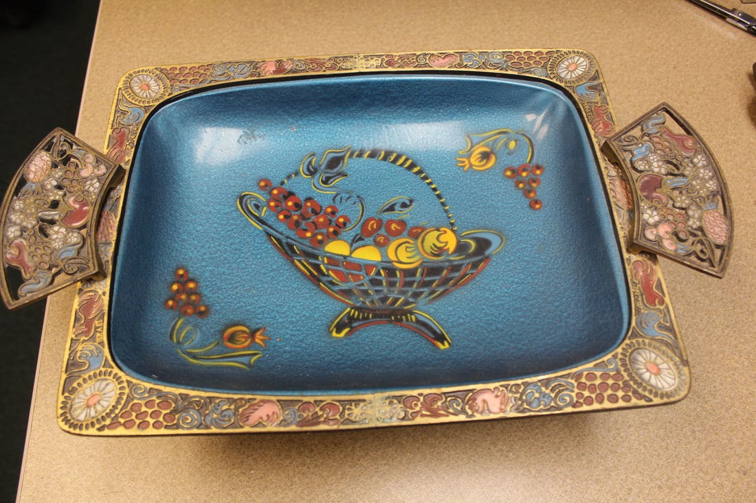 Vintage Footed Enamel Tray: 1950's , Israel - handle to handle approximately 14 1/2" and 4 5/8" tall
