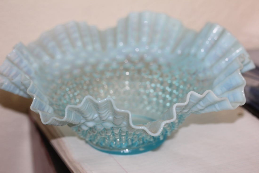 Antique Ruffle Glass Hobnail Bowl: teal blue - 10 1/8" in diameter