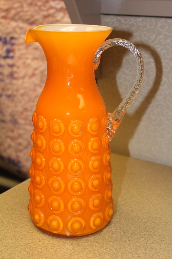 Retro Style Art Glass Orange Pitcher: 10 1/2" tall