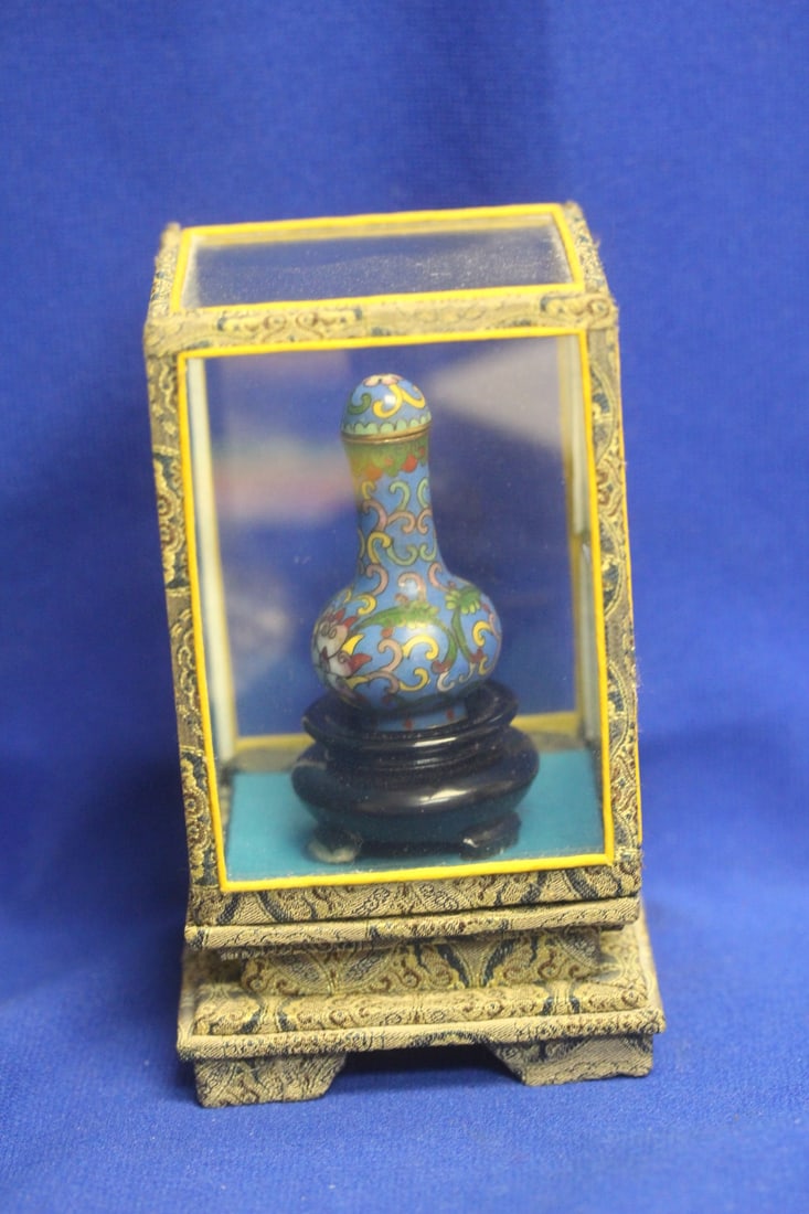 Chinese Miniature Cloisonne Snuff Bottle: inside a shadow box - overall= 5 1/4" - cloisonne snuff bottle= 2 1/2 inches tall