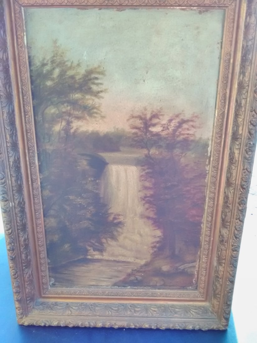 An Oil On Board 19th Century Waterfall - Unsigned: Good Frame - Overall= 15" x 22", sight= 10 3/4" x 18"