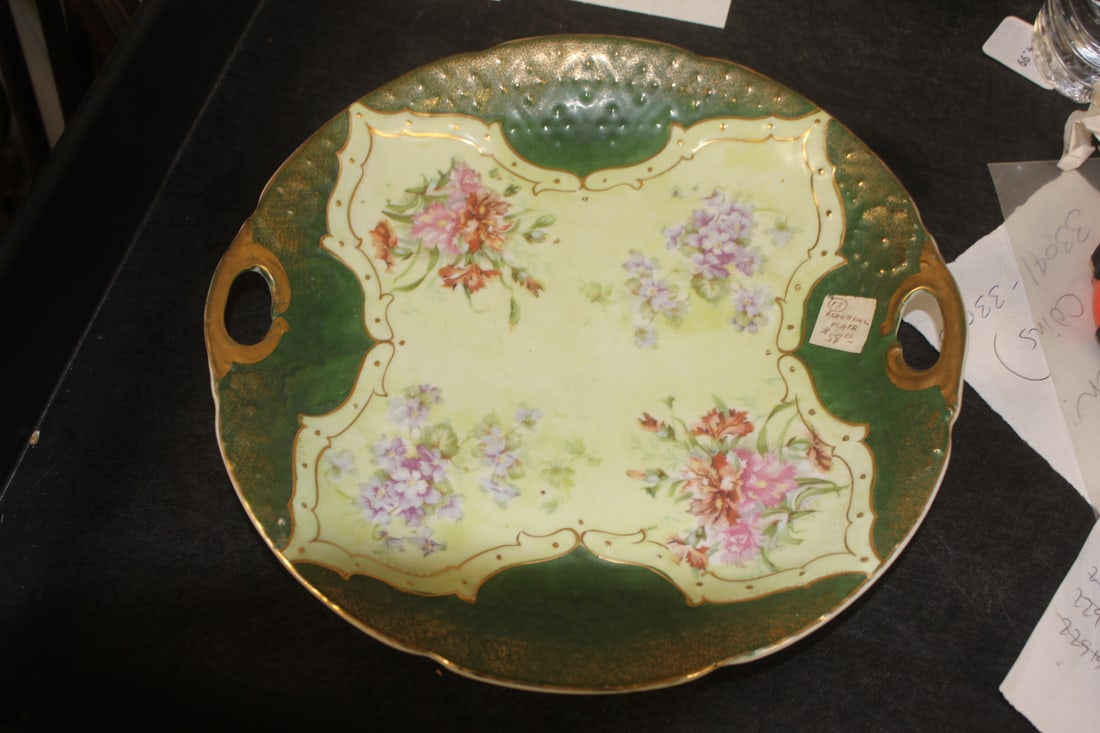 Hand Painted 2 Handle Porcelain Plate: antique or vintage - 10 3/4" in diameter