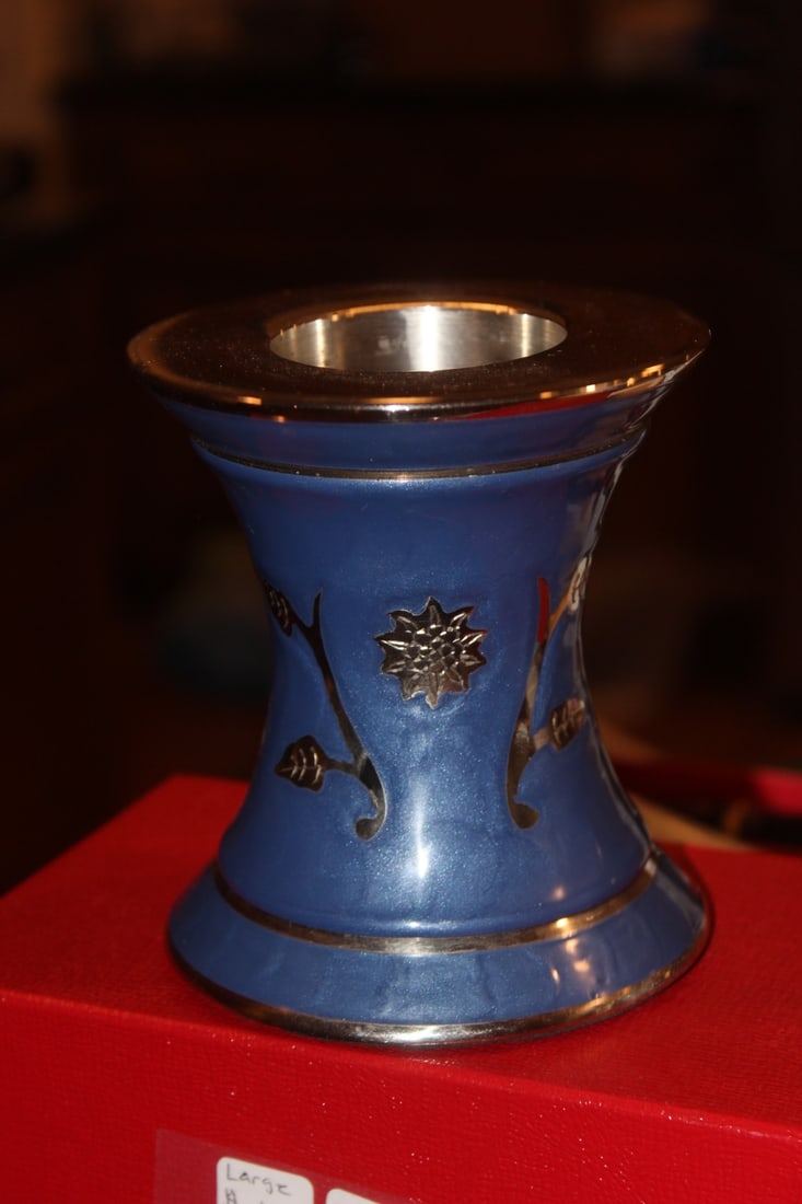 Enamel and Silverplate Candle Stick?: 4 5/8" tall