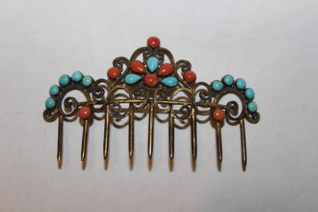 Chinese Coral / Turquoise Silver Hair Ornament: Antique / vintage - Marked silver. Tested silver. 3 1/2" wide. Very rare.