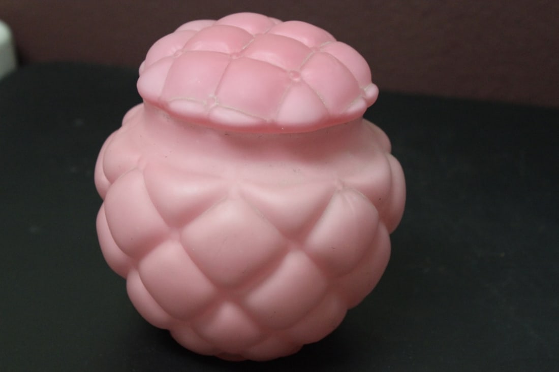 A Satin Glass Cover Jar: Early to mid 20th century - 6 1/2" tall with lid