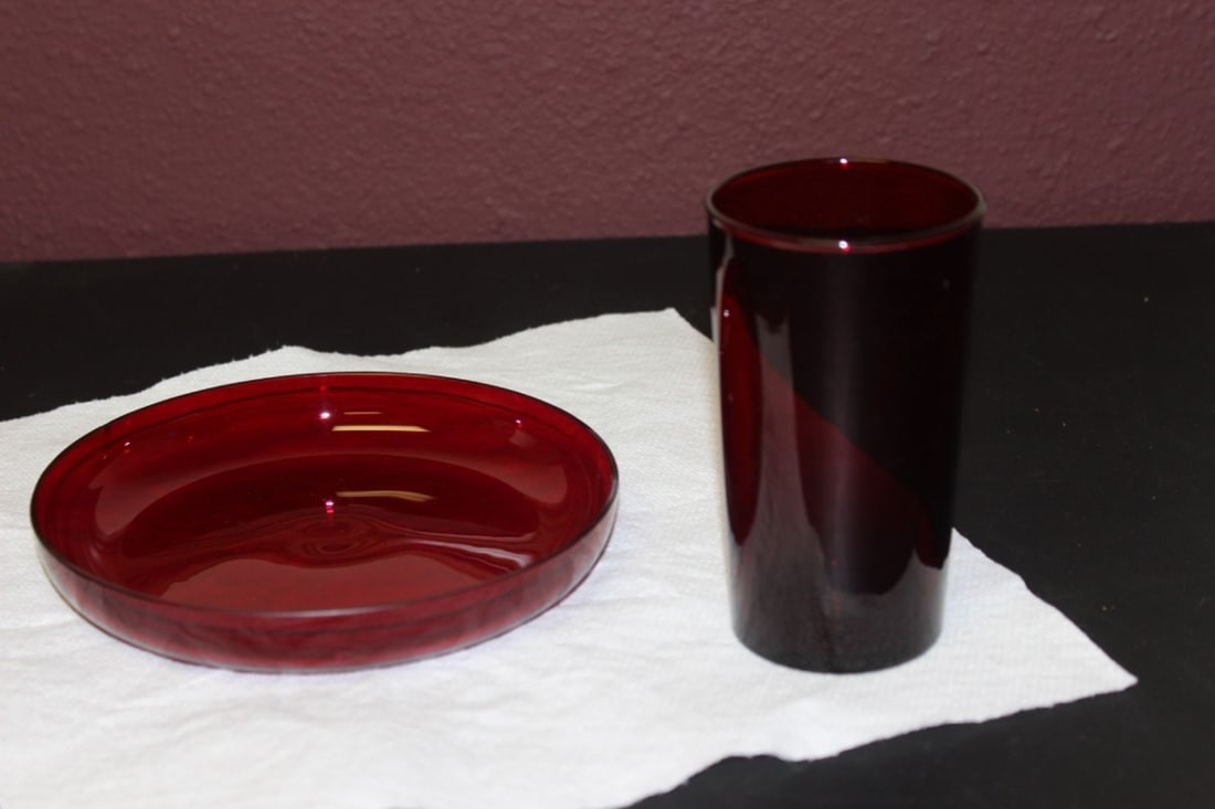 A Ruby Red Glass Cup and Round Tray: Tray= 6 1/2" in diameter
