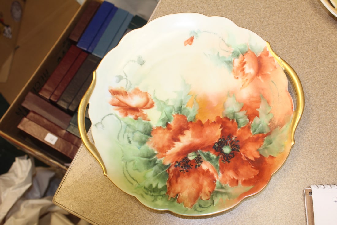 Vintage Two Handle Tray: hand painted - please note: one handle restored - 11 1/8" in diameter