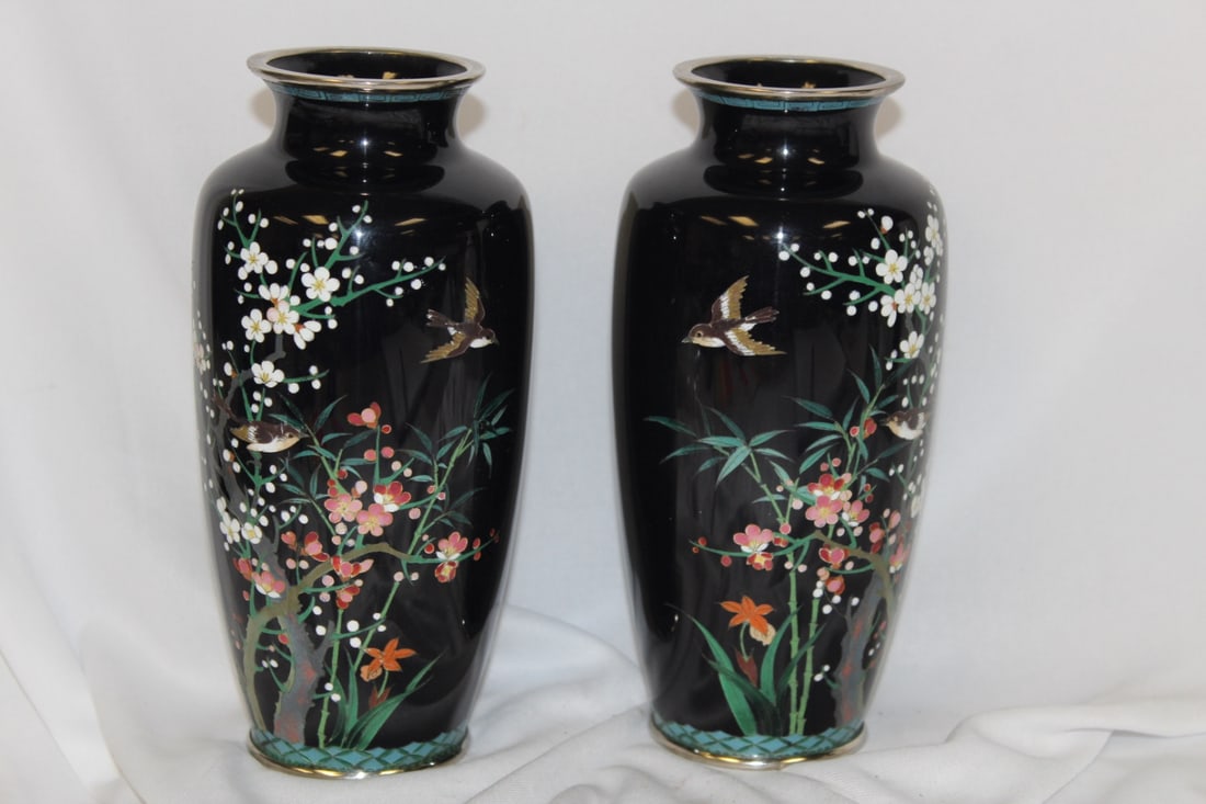 A Pair of Japanese Silverwire Cloisonne Vases: Mirror images - one is slightly taller than the other - 7 1/4" tall approximately - beautifully done