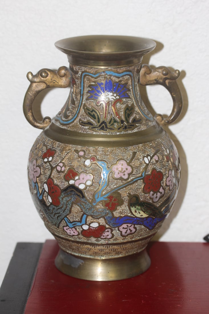 Japanese Cloisonne Dragon Handle Vase: vintage - 1950's - 8 3/8" tall