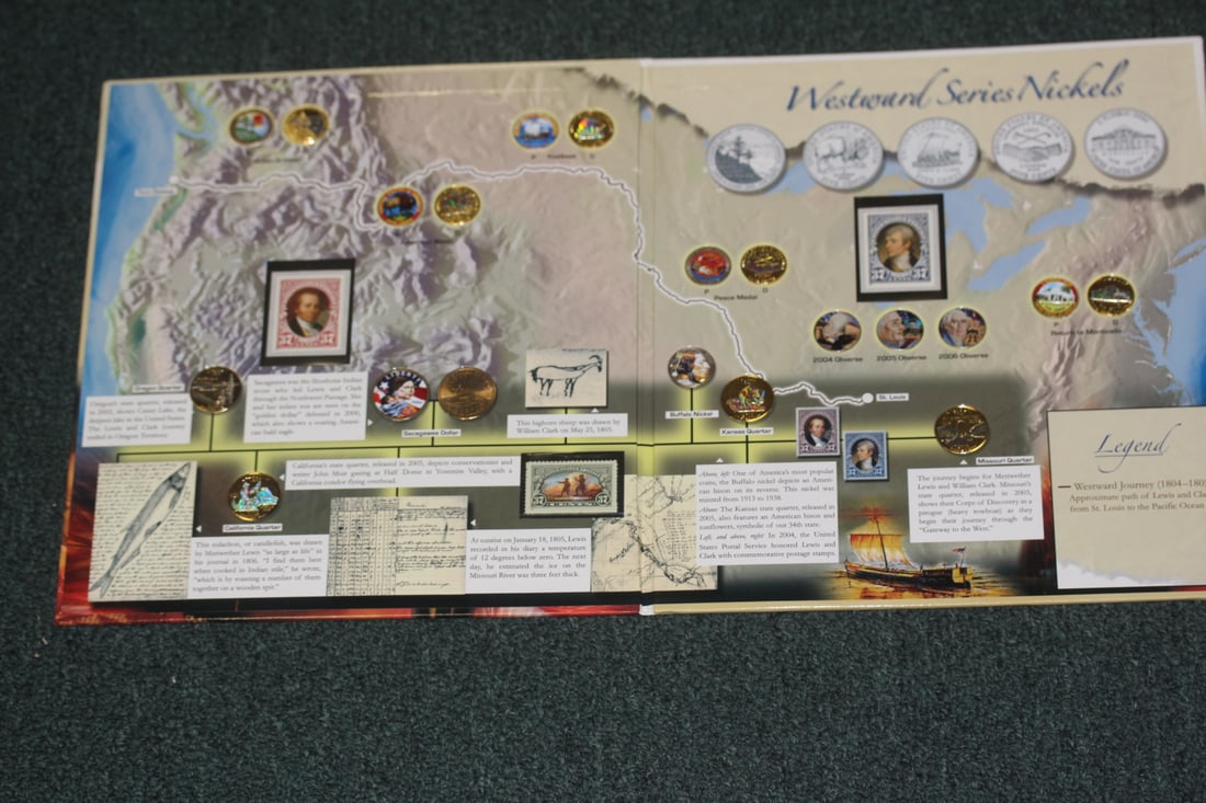 Nickels Collector's Map: Westward series - stamps and enamel nickels, quarters, dollars