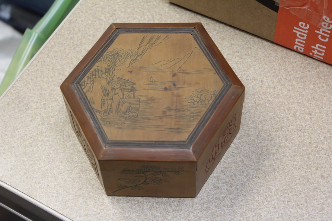 Vintage Cedar/Camphor Wooden Box: Chinese - appeared to be signed - 5 3/4" in diameter