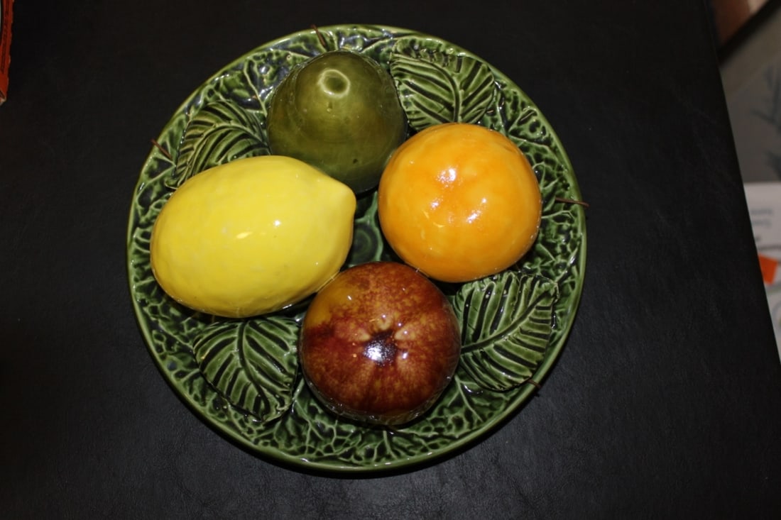 A Jay Willfred Fruit Plate Hanger: 3 Dimensional - Made in Portugal - 8 1/2" in diameter and 4" tall - Signed or labeled underneath the plate
