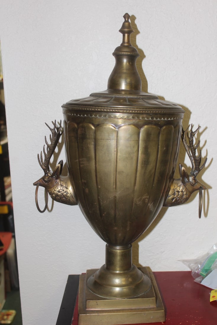 Metal Elk Handle Urn: approximately 23 inches tall with lid