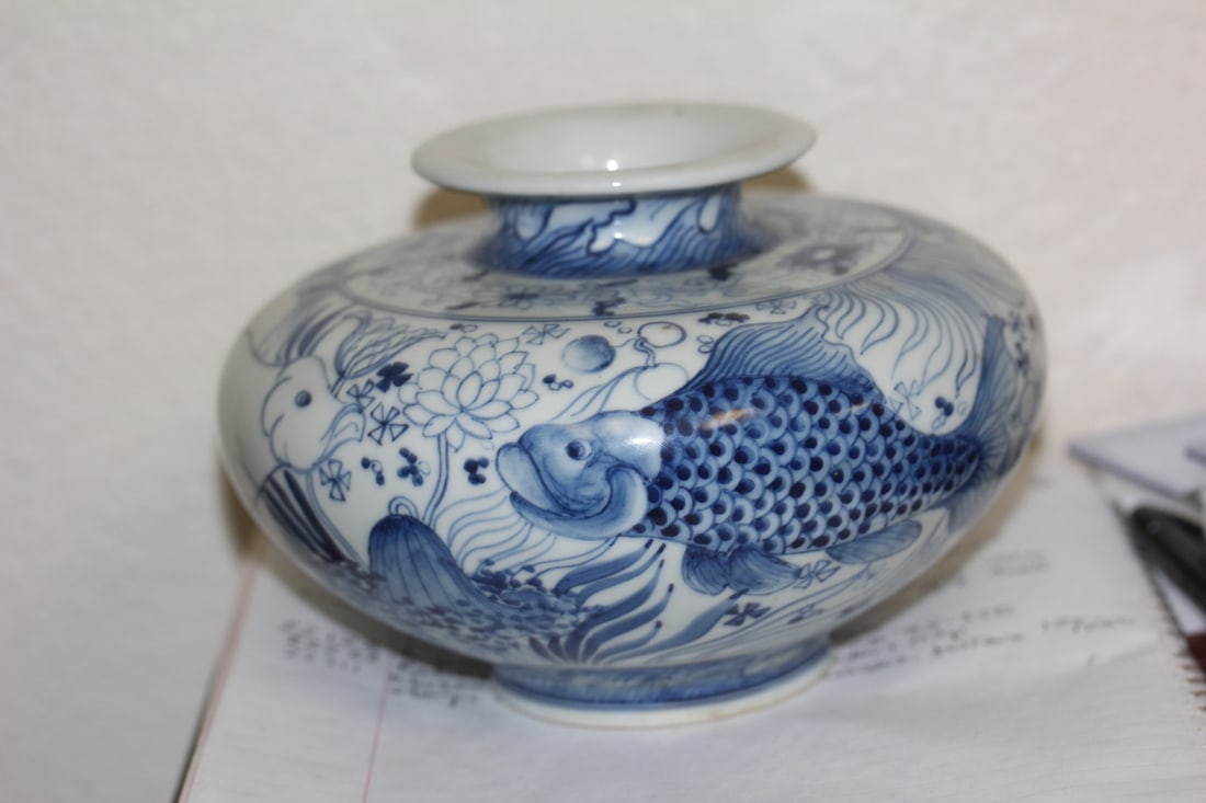 Signed Chinese Squad Vase: blue and white - 6" in diameter
