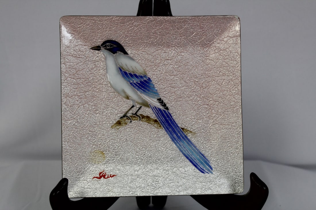 An Enamel Square Plate: signed - beautifully done - please note: small los in one corner - 5 7/8" square