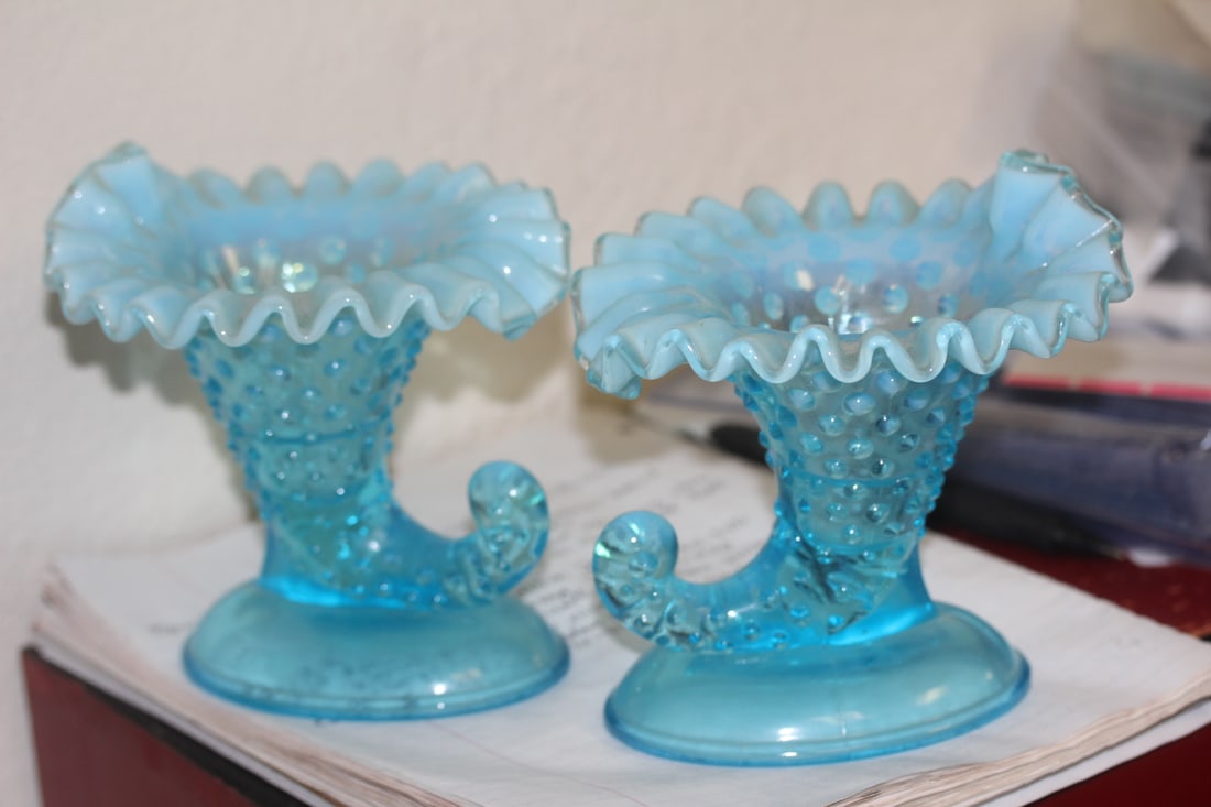 Pair of Opalescent Cornucopia Horn Vase: most likely Fenton - hobnail - 5 3/8" tall each