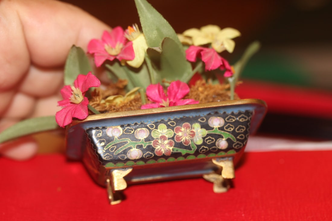 Small Cloisonne Plant Pot: with artificial flowers - 2 7/8" across