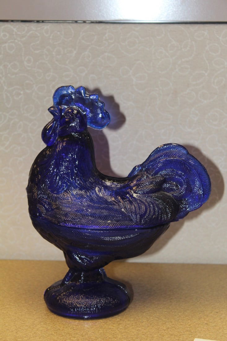 Cobalt Blue Rooster Glass Cover Dish: 8 1/2" tall