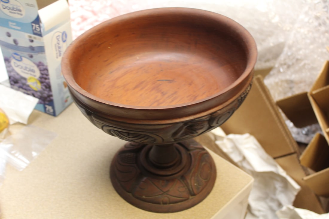Signed Hecho Amano Carved Wooden Bowl: large stem bowl - 10 5/8" tall by 12" in diameter