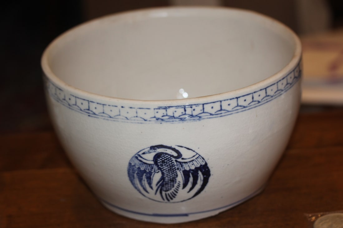 Blue and White Chinese Pottery Planter: please note: bottom hairlines as shown - 8" in diameter