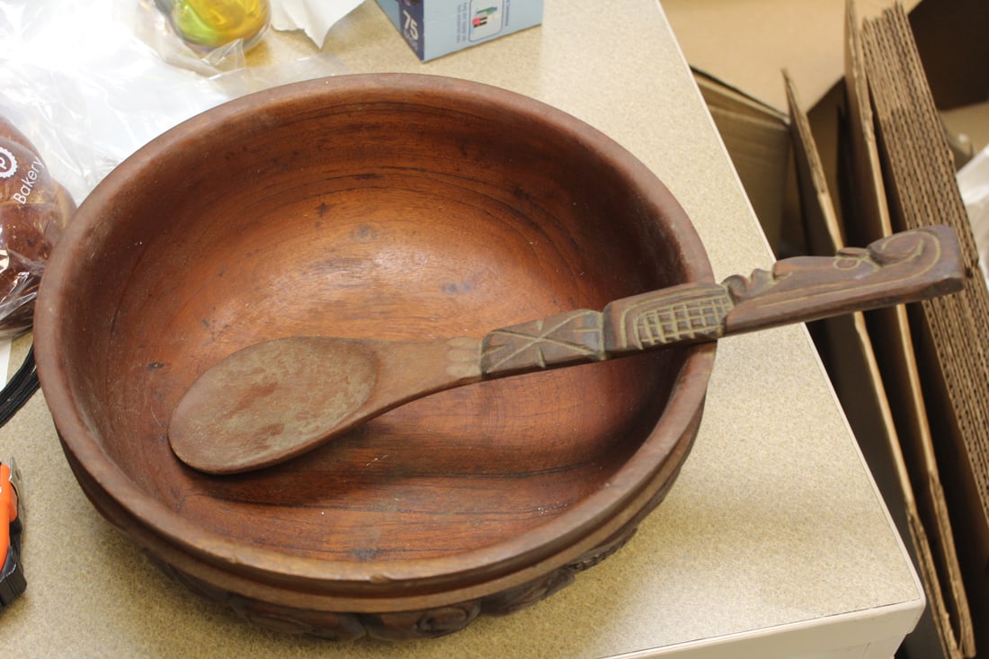Carved Bowl by Hecho Amano and Ladel: bowl= 11 3/8" in diameter