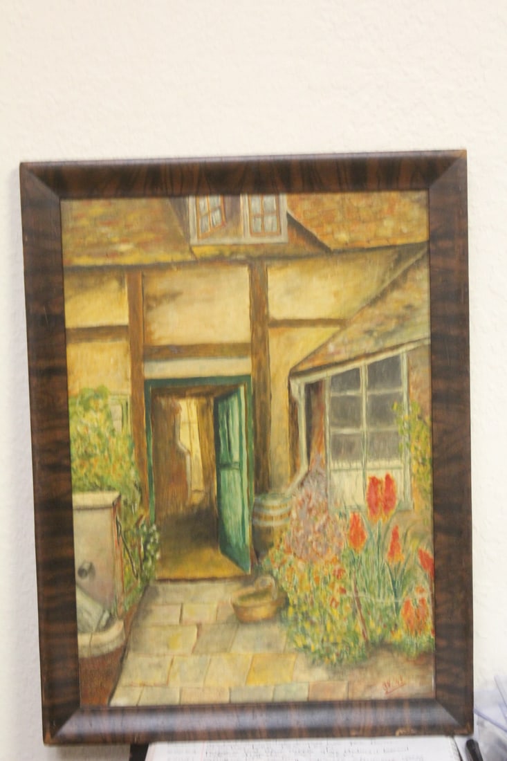 Antique Signed Oil on Board of a House: signed J.V. - dated 1949 - framed - overall= 15 1/2" x 11 1/2"
