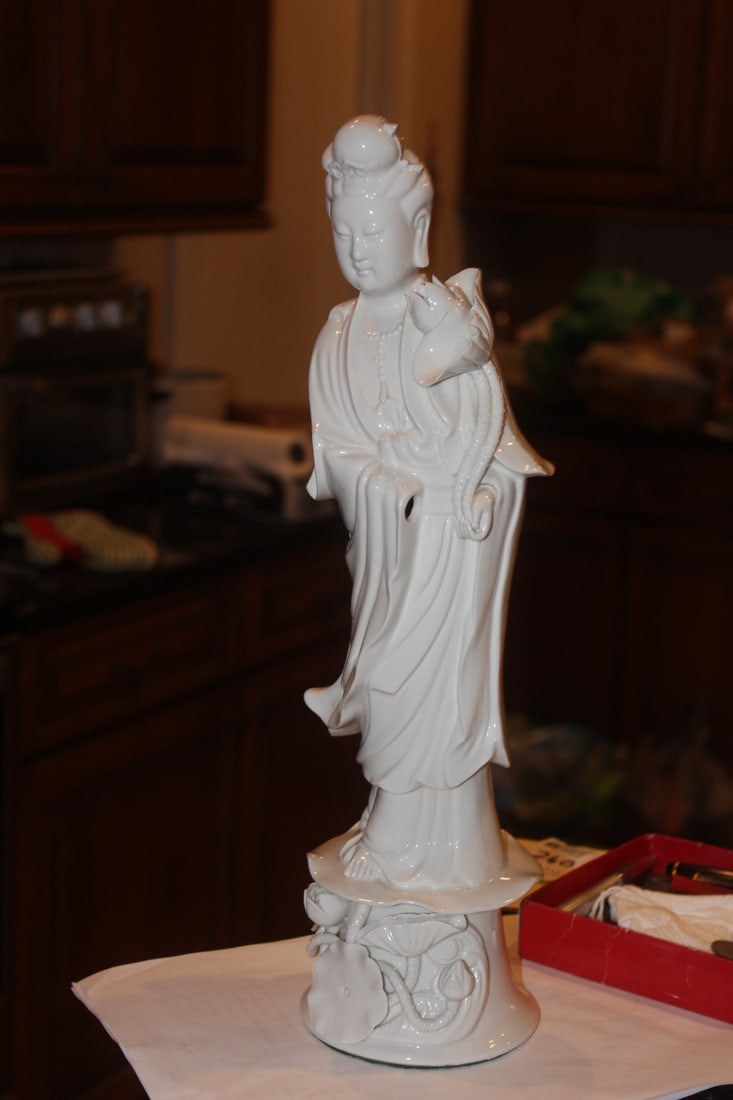Chinese Blanc de Chine Kwan Yin: please note: missing a hand as shown - 16" tall