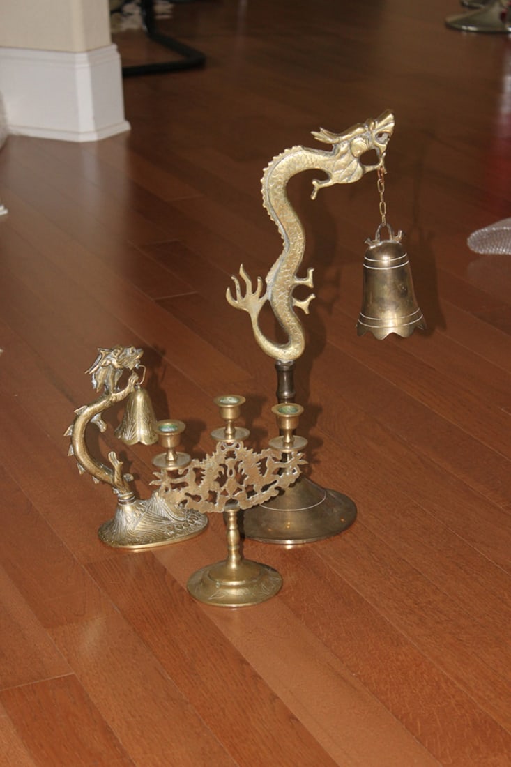 Lot of Three Chinese Brass Candle Sticks: Early to mid 20th century. Tallest dragon is 18". Marked China on stick.